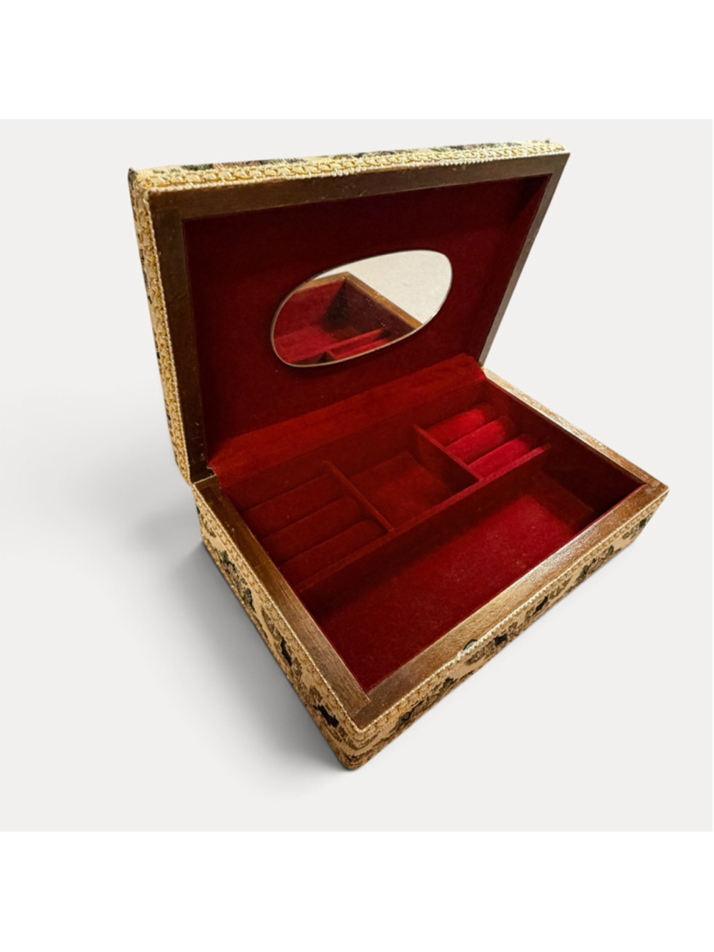 Vintage Floral Tapestry Jewelry Box Red Velvet Interior Mirror Gold Trim - Picture 12 of 16